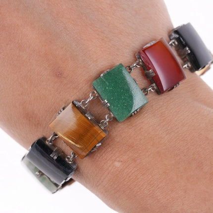 7.5" Vintage Japanese Sterling Jade, Agate, and other stone bracelet - Estate Fresh Austin