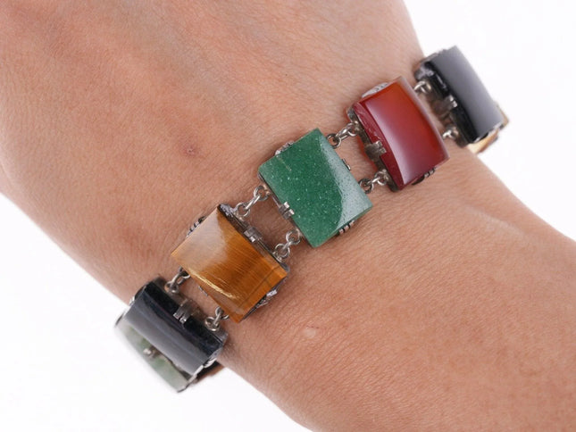 7.5" Vintage Japanese Sterling Jade, Agate, and other stone bracelet - Estate Fresh Austin