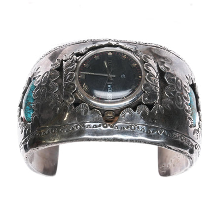7.75" Huge Sterling Morenci Turquoise, coral Navajo watch cuff bracelet Elgin watch - Estate Fresh Austin