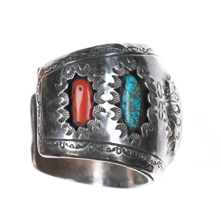7.75" Huge Sterling Morenci Turquoise, coral Navajo watch cuff bracelet Elgin watch - Estate Fresh Austin