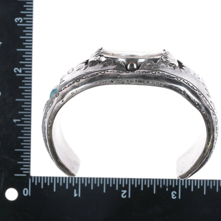 7.75" Huge Sterling Morenci Turquoise, coral Navajo watch cuff bracelet Elgin watch - Estate Fresh Austin