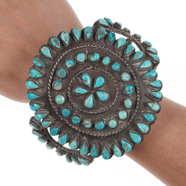 8 5/8" Huge Vintage Native American silver turquoise cluster cuff bracelet - Estate Fresh Austin