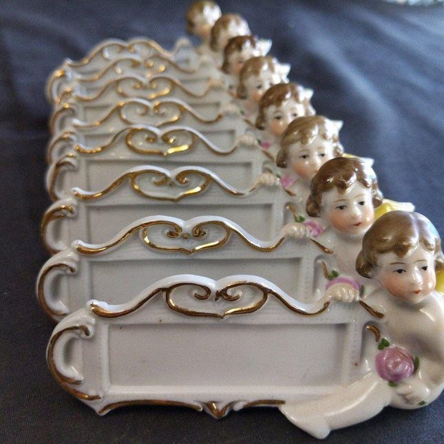 8 c.1920 German Porcelain Dinner Table Place Holders Cherubs - Estate Fresh Austin