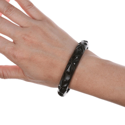 8" c1940's Carved black bakelite bangle bracelet - Estate Fresh Austin