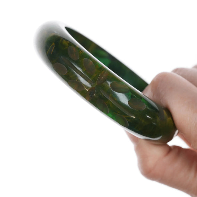 8" c1940's Carved Green marlbelized Bakelite bangle bracelet - Estate Fresh Austin