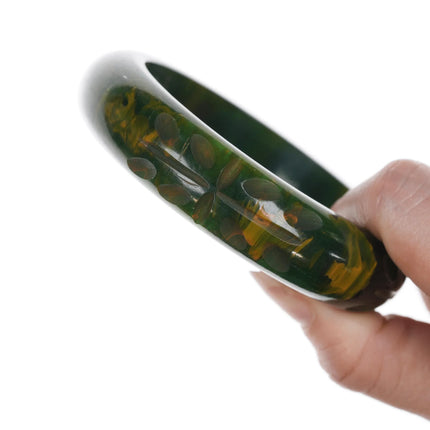 8" c1940's Carved Green marlbelized Bakelite bangle bracelet - Estate Fresh Austin