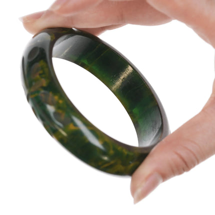 8" c1940's Carved Green marlbelized Bakelite bangle bracelet - Estate Fresh Austin