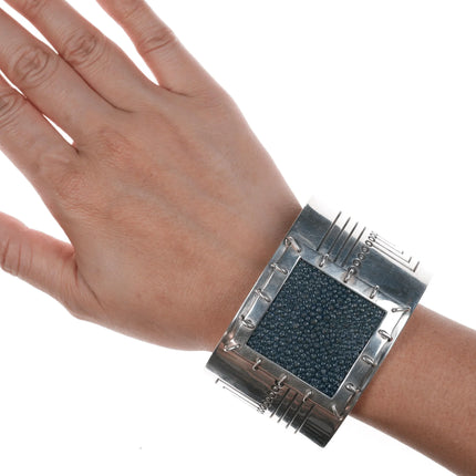 8" Ernest Bilagody Navajo silver blue/grey stingray modernist cuff bracelet - Estate Fresh Austin