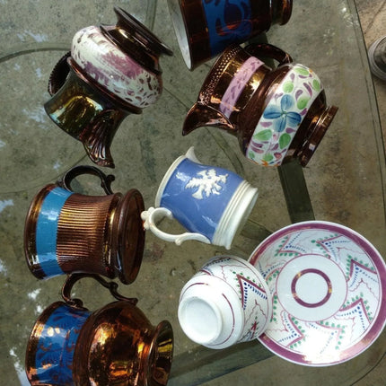 8 pieces Antique Early to mid 19th Century Pottery Copper Lustre, Pink Lustre, R - Estate Fresh Austin