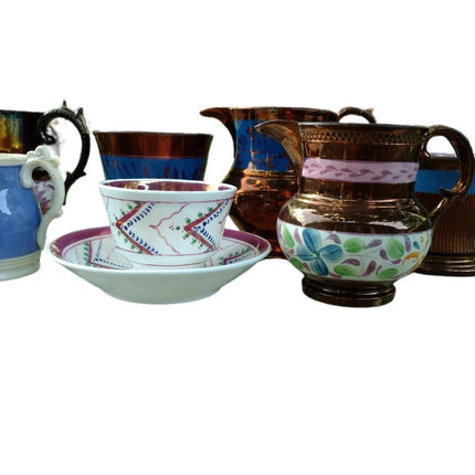 8 pieces Antique Early to mid 19th Century Pottery Copper Lustre, Pink Lustre, R - Estate Fresh Austin