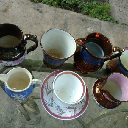 8 pieces Antique Early to mid 19th Century Pottery Copper Lustre, Pink Lustre, R - Estate Fresh Austin