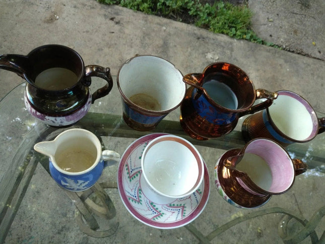 8 pieces Antique Early to mid 19th Century Pottery Copper Lustre, Pink Lustre, R - Estate Fresh Austin