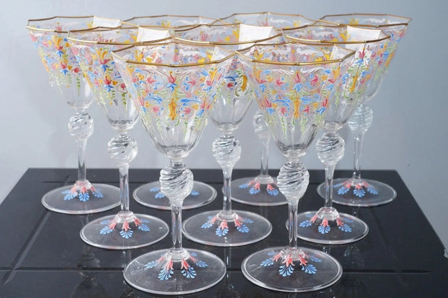 9 Venetian hand painted art glass wine goblets - Estate Fresh Austin