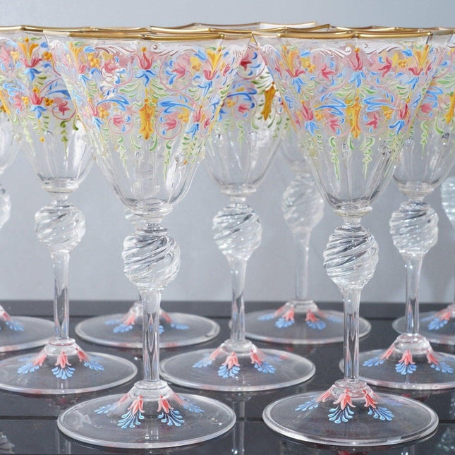 9 Venetian hand painted art glass wine goblets - Estate Fresh Austin