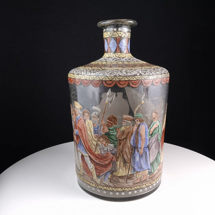 Antique Blown Glass Bottle with Hand Painted Scene