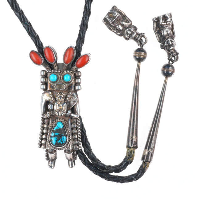 Vintage Helen Long Navajo Sterling silver Coral/turquoise Kachina bolo tie