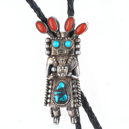 Vintage Helen Long Navajo Sterling silver Coral/turquoise Kachina bolo tie