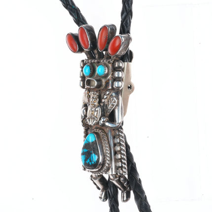 Vintage Helen Long Navajo Sterling silver Coral/turquoise Kachina bolo tie