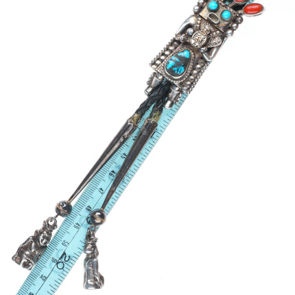 Vintage Helen Long Navajo Sterling silver Coral/turquoise Kachina bolo tie