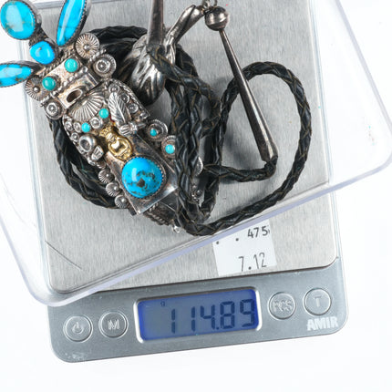 Vintage Helen Long Navajo Sterling silver high grade turquoise Kachina bolo tie