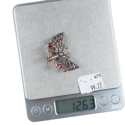 Antique 10k gold Diamond, Sapphire, Ruby, pearl  butterfly pendant/pin/brooch