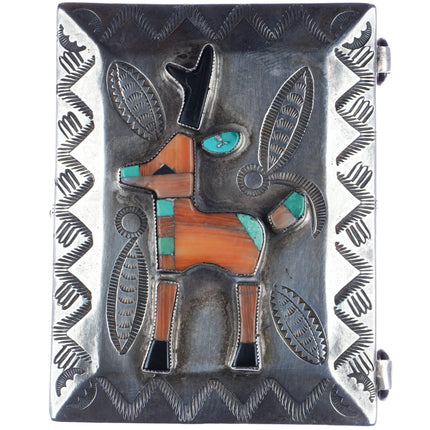 c1950 Navajo silver box with Zuni deer/antelope inlay lid - Estate Fresh Austin