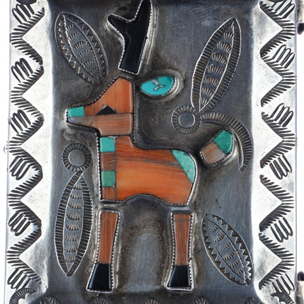 c1950 Navajo silver box with Zuni deer/antelope inlay lid - Estate Fresh Austin