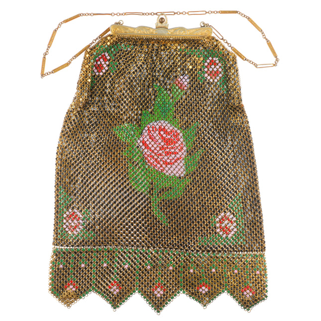 Vintage c1930's Art Deco Rose mesh enamel handbag/purse