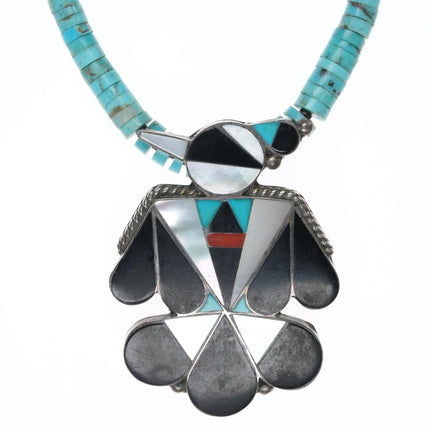 A Dishta Zuni sterling thunderbird pendant/pin on turquoise heishi necklace - Estate Fresh Austin