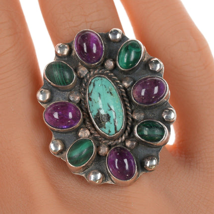 Adjustable Navajo Sterling turquoise, malachite, and amethyst ring - Estate Fresh Austin