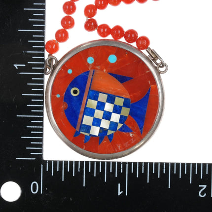 Amazing vintage Santo Domingo Coral lapis inlay fish pendant necklace JP - Estate Fresh Austin