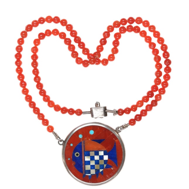 Amazing vintage Santo Domingo Coral lapis inlay fish pendant necklace JP - Estate Fresh Austin