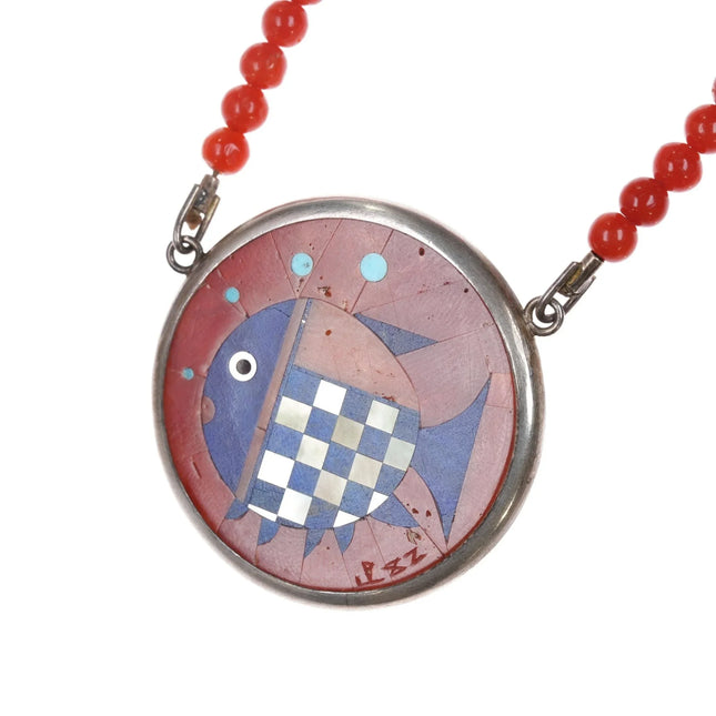 Amazing vintage Santo Domingo Coral lapis inlay fish pendant necklace JP - Estate Fresh Austin