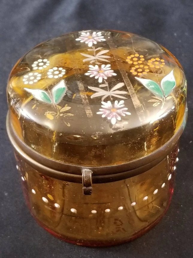Amber enameled glass cylindrical Hinged Dresser Box c.1890 - Estate Fresh Austin