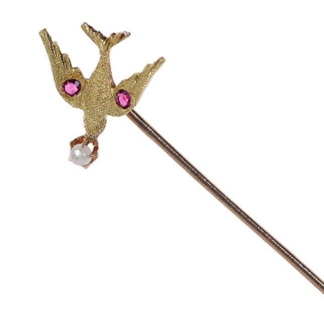 Antique 10k gold Bird Stickpin with ruby eyes pearl mouth - Estate Fresh Austin