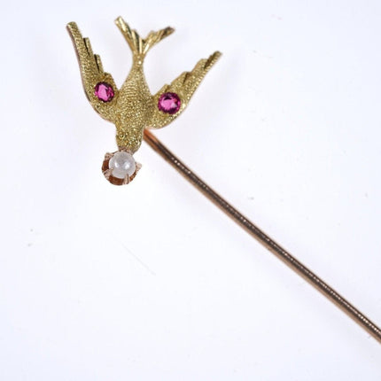 Antique 10k gold Bird Stickpin with ruby eyes pearl mouth - Estate Fresh Austin