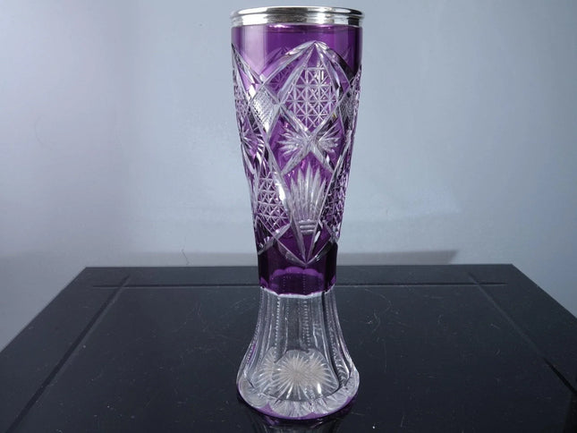 Antique 800 Silver Mounted Amethyst Cut to clear Vase - Estate Fresh Austin