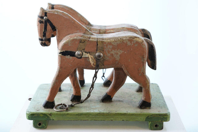 Antique American Folk art wood horses pull toy - Estate Fresh Austin