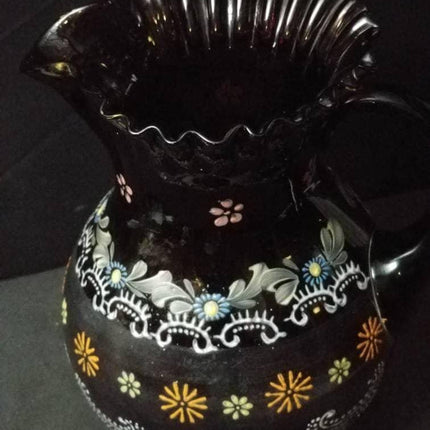 Antique Amethyst Enameled Water Pitcher Art Glass c.1900 Fenton or Northwood - Estate Fresh Austin