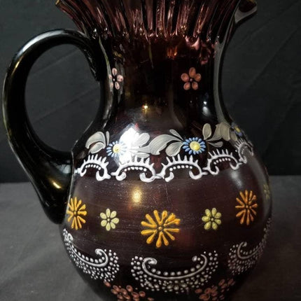 Antique Amethyst Enameled Water Pitcher Art Glass c.1900 Fenton or Northwood - Estate Fresh Austin