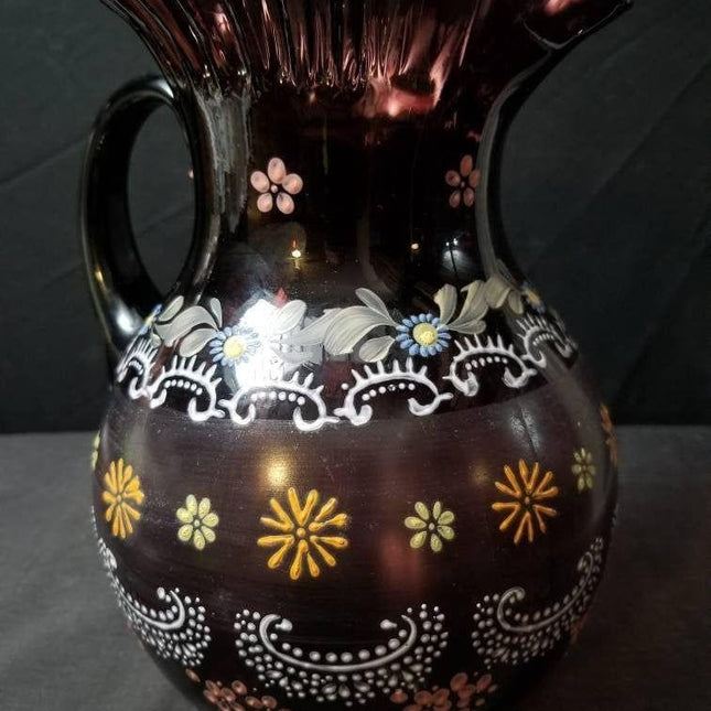 Antique Amethyst Enameled Water Pitcher Art Glass c.1900 Fenton or Northwood - Estate Fresh Austin