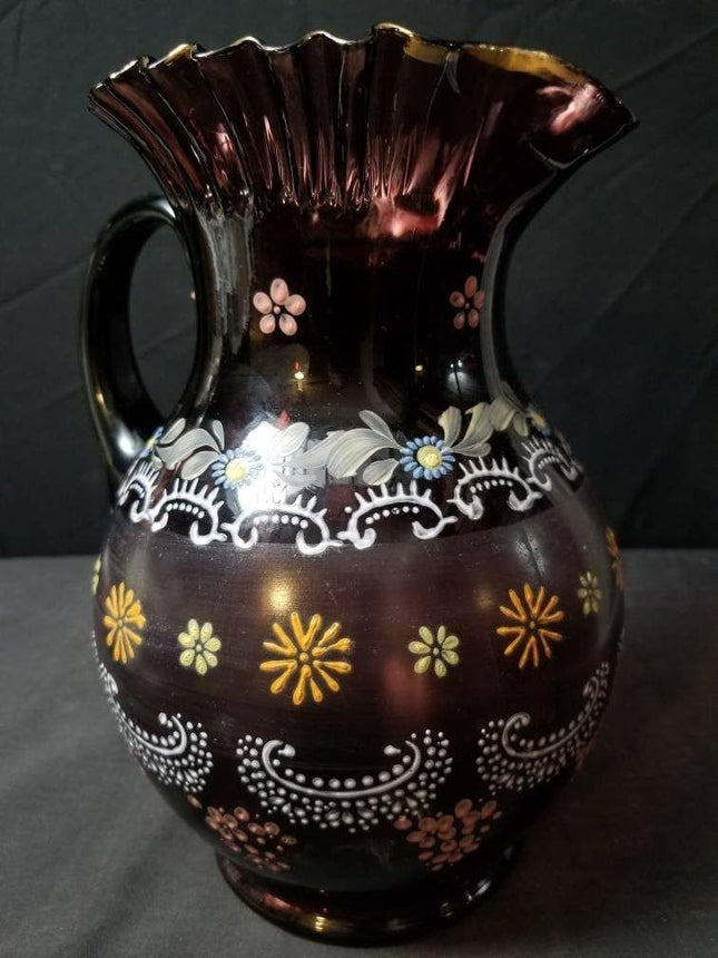 Antique Amethyst Enameled Water Pitcher Art Glass c.1900 Fenton or Northwood - Estate Fresh Austin