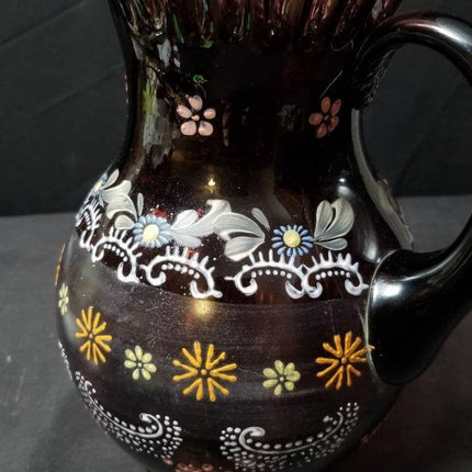 Antique Amethyst Enameled Water Pitcher Art Glass c.1900 Fenton or Northwood - Estate Fresh Austin