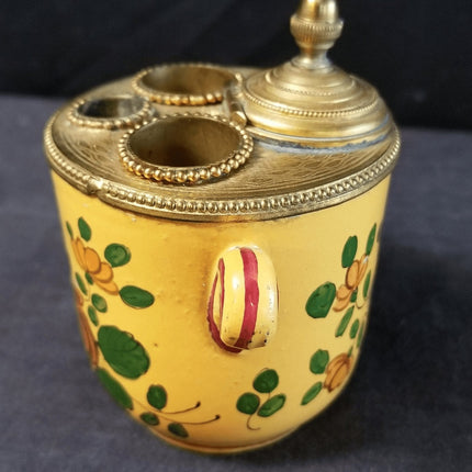 Antique Bronze Mounted French Faience Inkwell Hand Painted Flowers 19th Century - Estate Fresh Austin