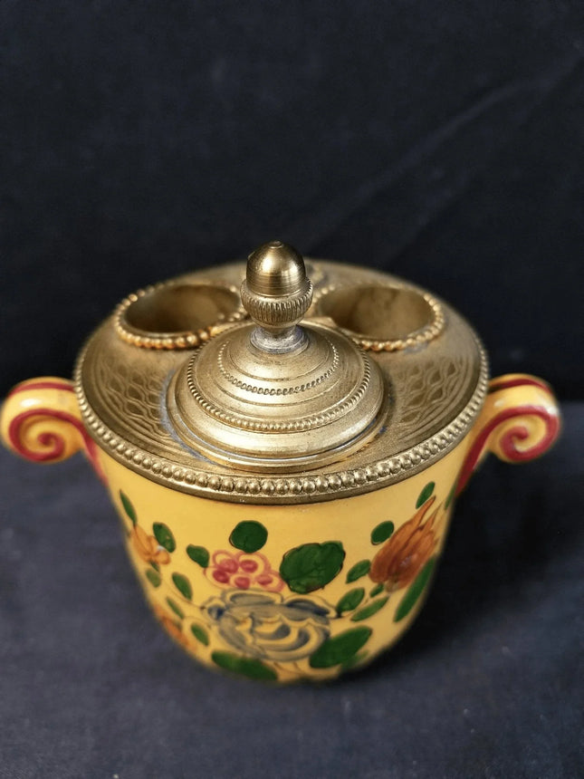 Antique Bronze Mounted French Faience Inkwell Hand Painted Flowers 19th Century - Estate Fresh Austin