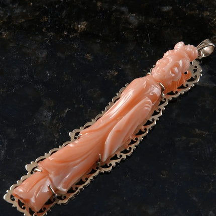 Antique Chinese 14k gold Carved Coral Buddhist Guanyin Bodhisattva Pendant - Estate Fresh Austin