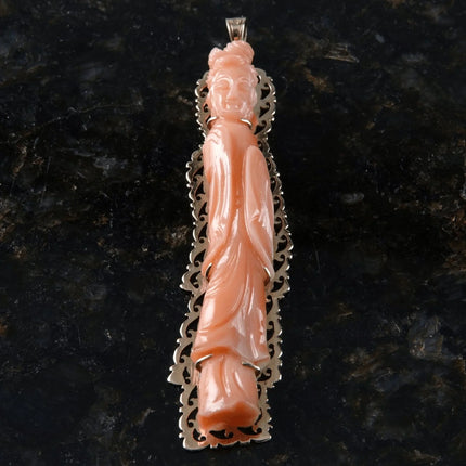 Antique Chinese 14k gold Carved Coral Buddhist Guanyin Bodhisattva Pendant - Estate Fresh Austin