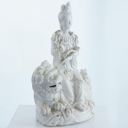 Antique Chinese Blanc de Chine porcelain Guanyin Boddhisattva with Foo Lion - Estate Fresh Austin