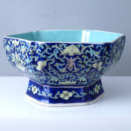 Antique Chinese Bowl Famille Rose Cobalt Blue Bats - Estate Fresh Austin