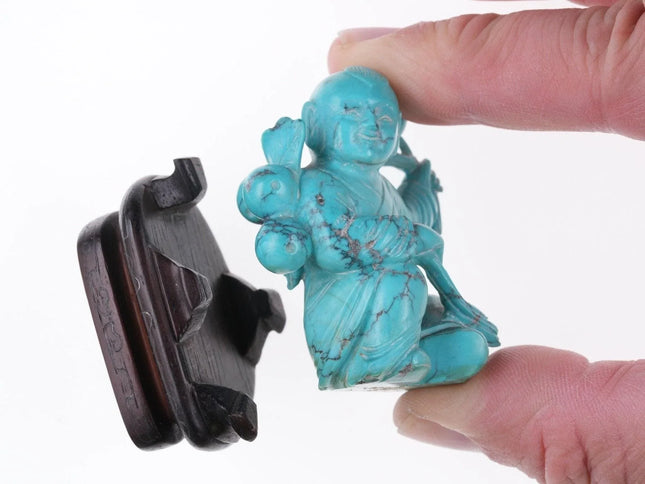 Antique Chinese carved Hubei Turquoise Boy figure on silver wire inlaid wood sta - Estate Fresh Austin
